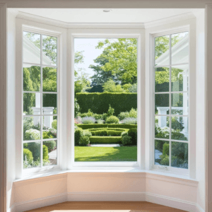 Imagem de um interior de uma casa, mostrando pela janela um belo jardim