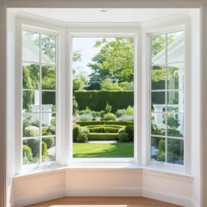 Imagem de um interior de uma casa, mostrando pela janela um belo jardim