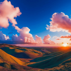 Imagem de uma paisagem com nuvens, montanhas, sol e com um clima agradável