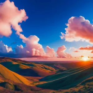 Imagem de uma paisagem com nuvens, montanhas, sol e com um clima agradável
