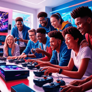 Imagem de pessoas jogando videogames