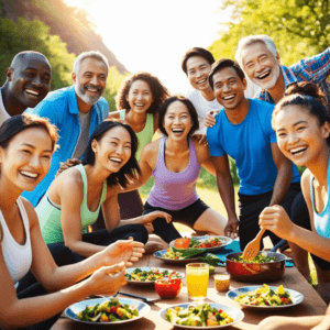 Imagem de pessoas felizes, em um almoço saudável ao ar livre