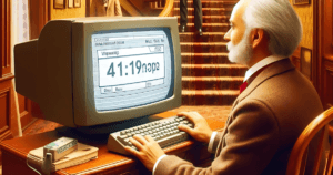 Imagem Ilustrativa de um Homem na frente de um Computador antigo