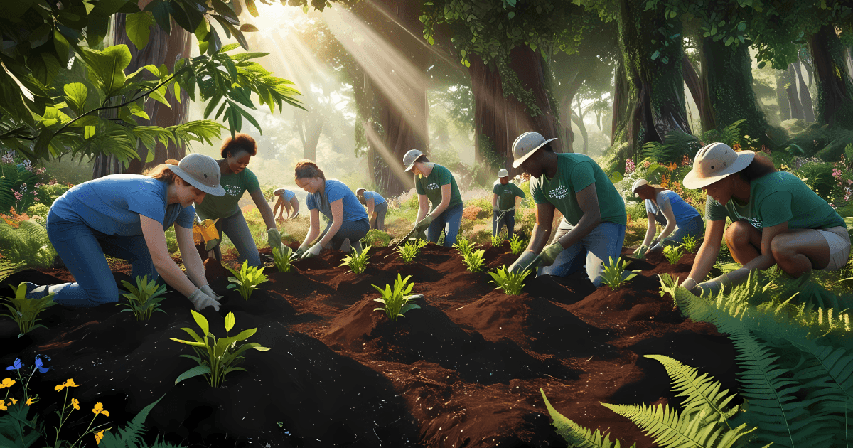 Imagem Ilustrativa de pessoas plantando novas árvores e restaurando o ecossistema