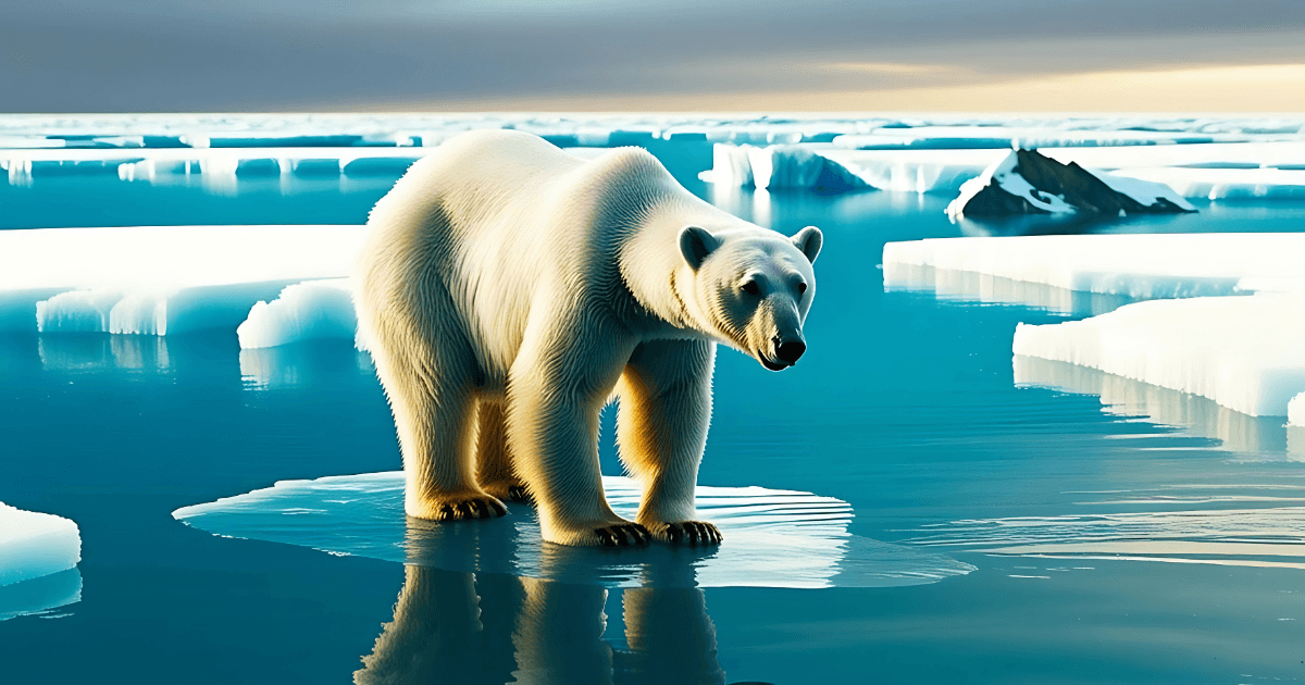 Imagem de um urso polar em cima de um pedaço de gelo que foi deslocado devido ao derretimento das calotas polares.