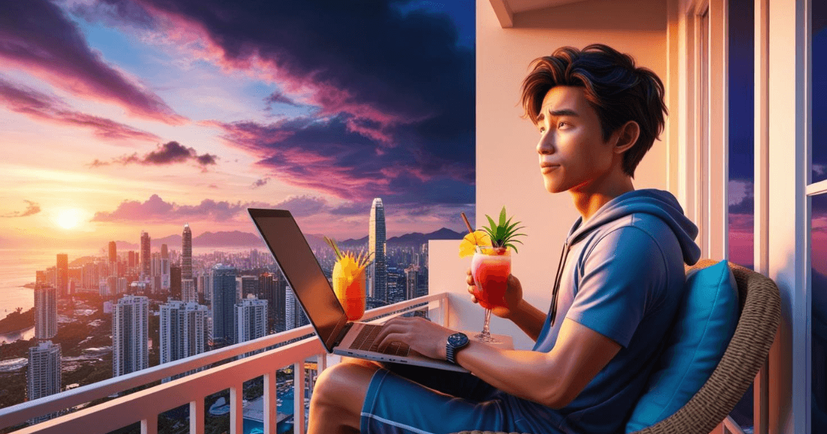 Imagem ilustrativa de um nômade digital, em uma sacada de um apartamento, com o seu notebook , segurando uma bebiba